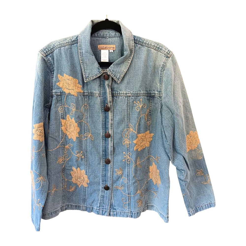 Women's XL Denim Jacket by Notations Taupe Stitch Embroidery Boho Western